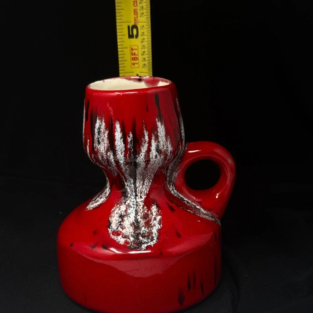 Red Dripware Glaze Black White Candleholder Vase Handthrown Pottery Eclectic  4